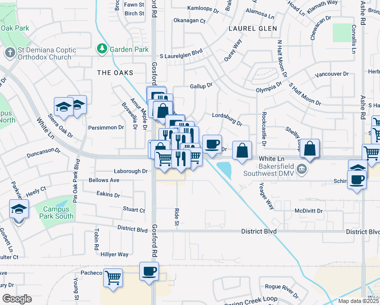 map of restaurants, bars, coffee shops, grocery stores, and more near 7854 White Lane in Bakersfield