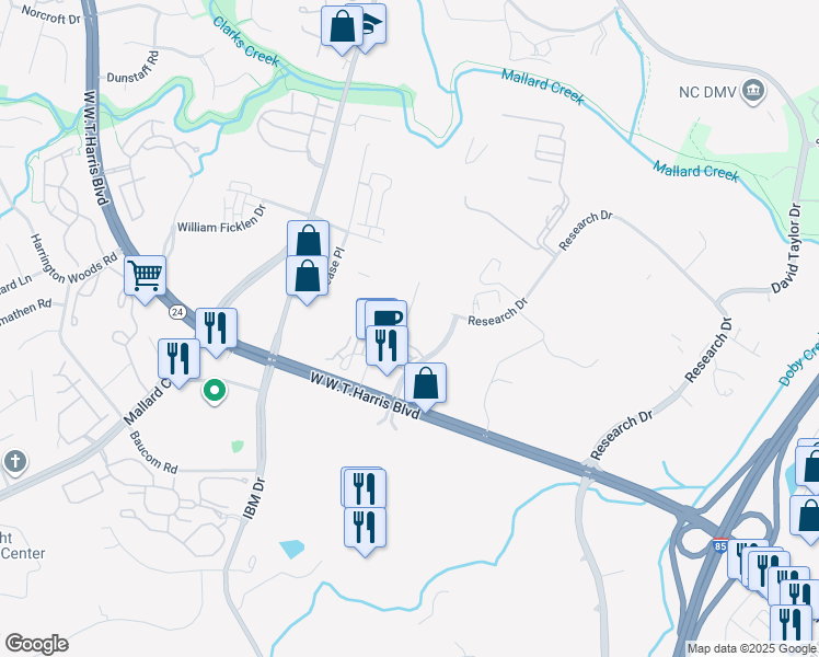 map of restaurants, bars, coffee shops, grocery stores, and more near 8436 Kenbrooke Drive in Charlotte