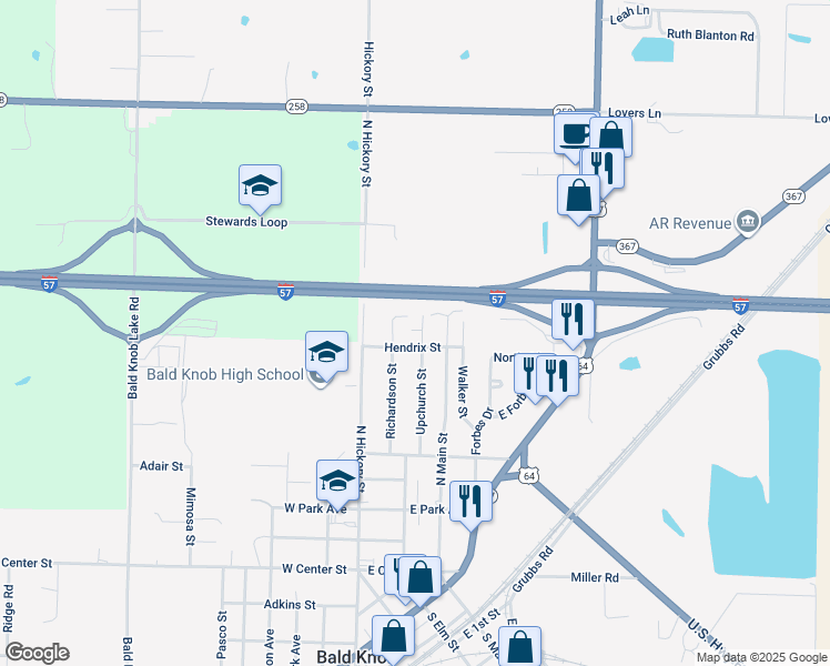 map of restaurants, bars, coffee shops, grocery stores, and more near 903 Upchurch Street in Bald Knob