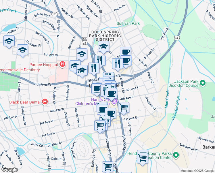 map of restaurants, bars, coffee shops, grocery stores, and more near 538 North Main Street in Hendersonville