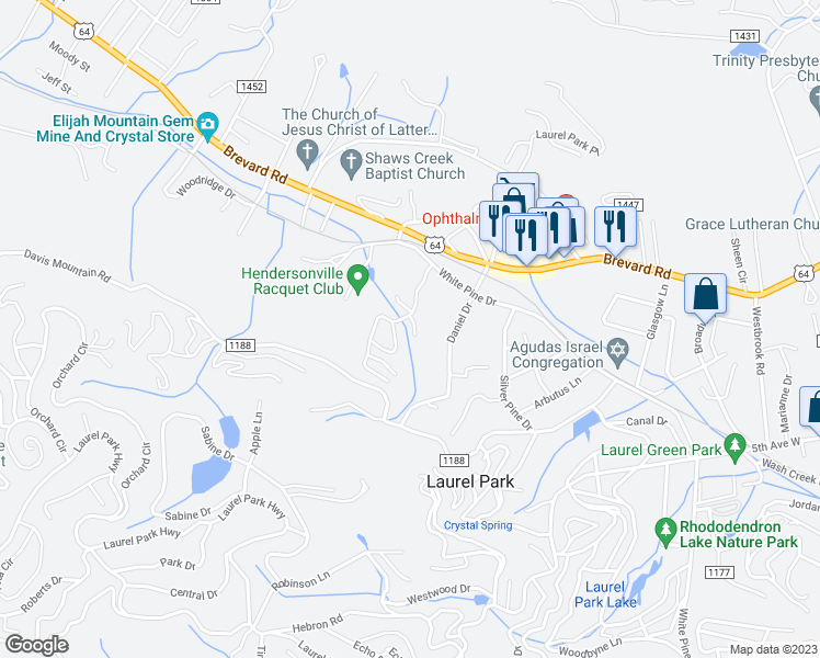 map of restaurants, bars, coffee shops, grocery stores, and more near 28 Old Creek Lane in Hendersonville