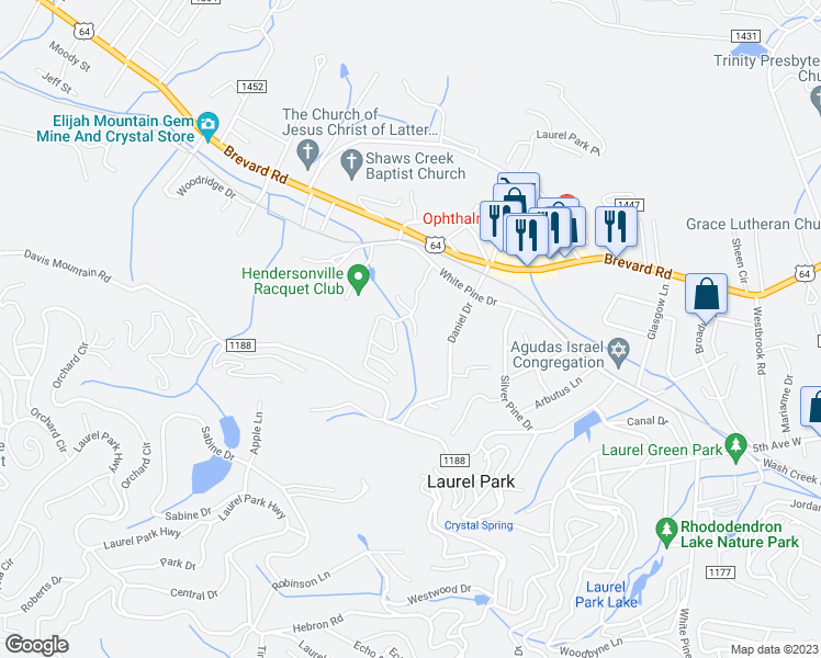 map of restaurants, bars, coffee shops, grocery stores, and more near 28 Old Creek Lane in Laurel Park