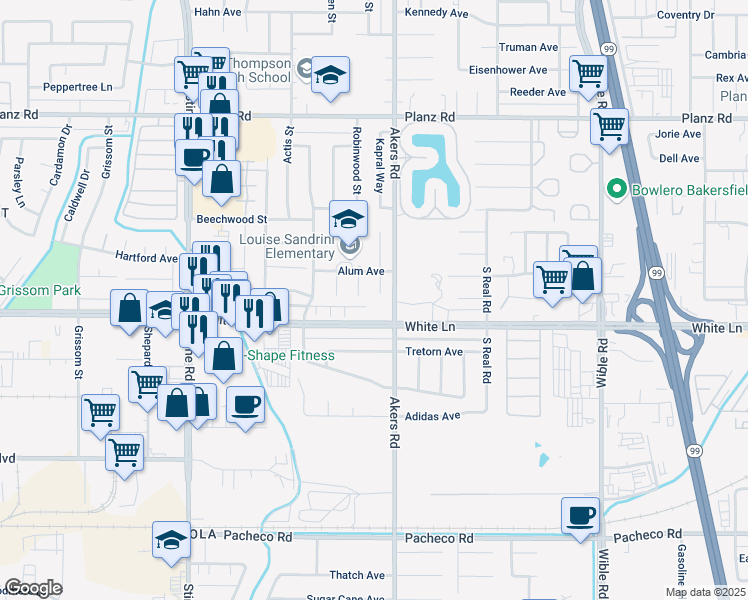 map of restaurants, bars, coffee shops, grocery stores, and more near 3908 Ivywood Court in Bakersfield