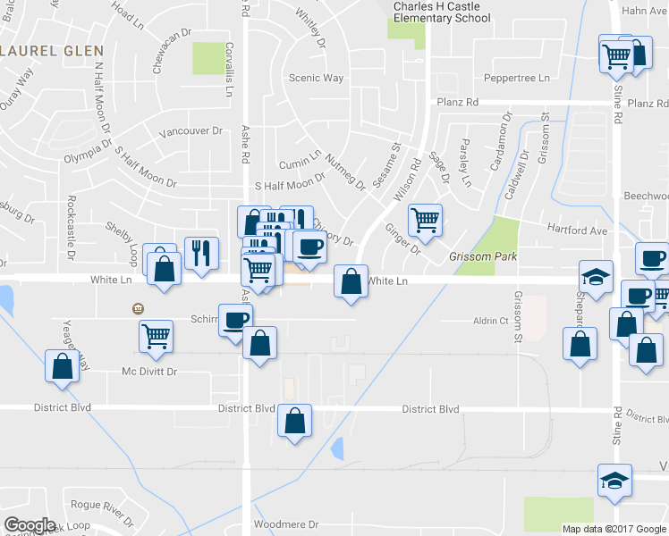 map of restaurants, bars, coffee shops, grocery stores, and more near 3808 Sesame Street in Bakersfield