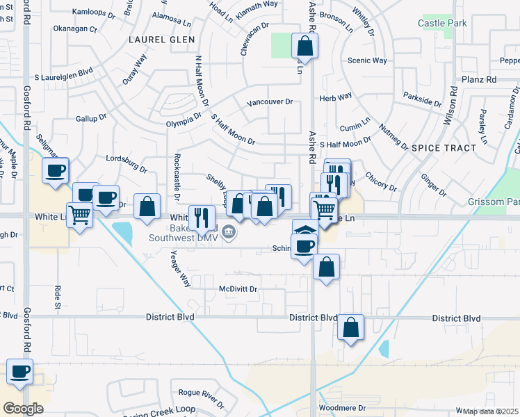 map of restaurants, bars, coffee shops, grocery stores, and more near 6521 Shreveport Court in Bakersfield