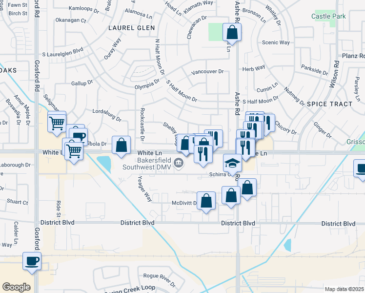 map of restaurants, bars, coffee shops, grocery stores, and more near 6705 Orleans Way in Bakersfield