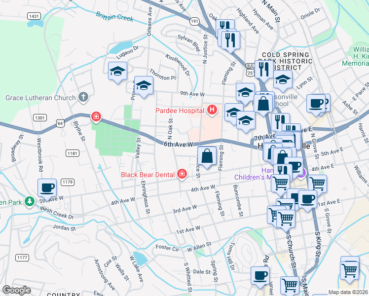 map of restaurants, bars, coffee shops, grocery stores, and more near 750 6th Avenue West in Hendersonville