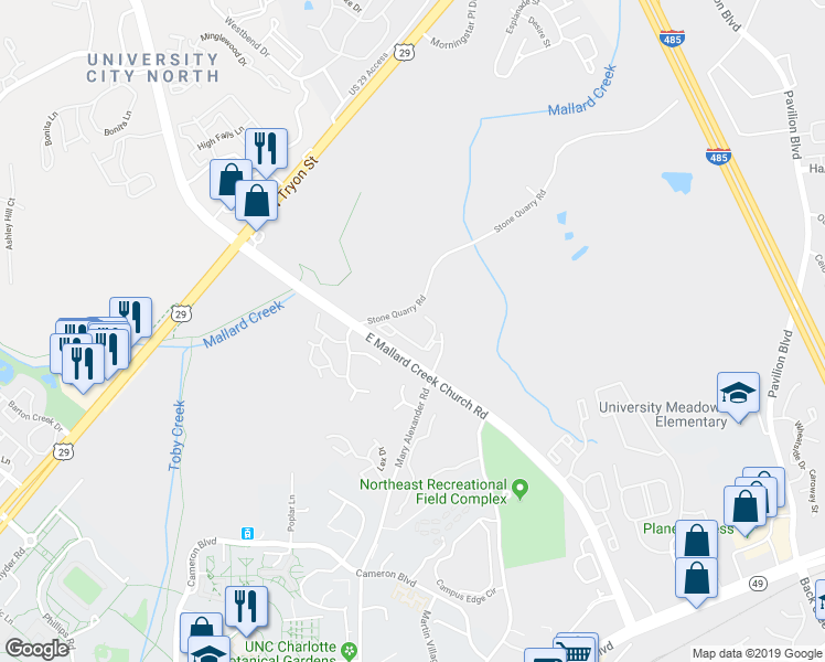 map of restaurants, bars, coffee shops, grocery stores, and more near 575 State Road 2833 in Charlotte