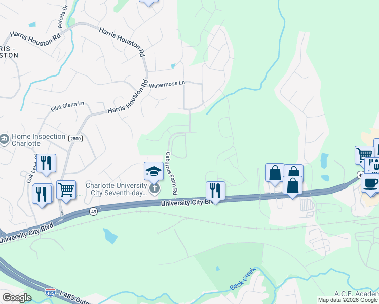 map of restaurants, bars, coffee shops, grocery stores, and more near 11712 Windy Creek Drive in Charlotte