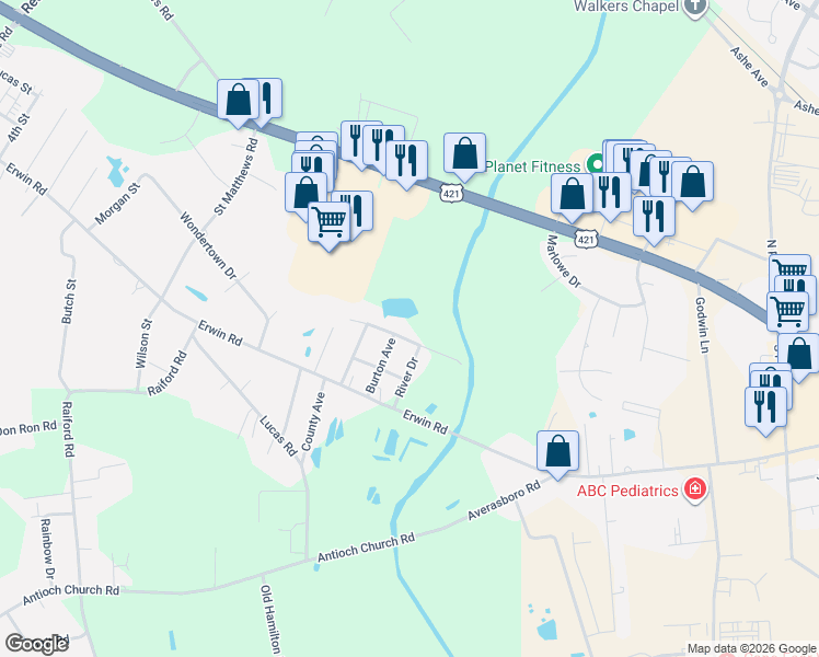 map of restaurants, bars, coffee shops, grocery stores, and more near 208 Jenkins Street in Dunn