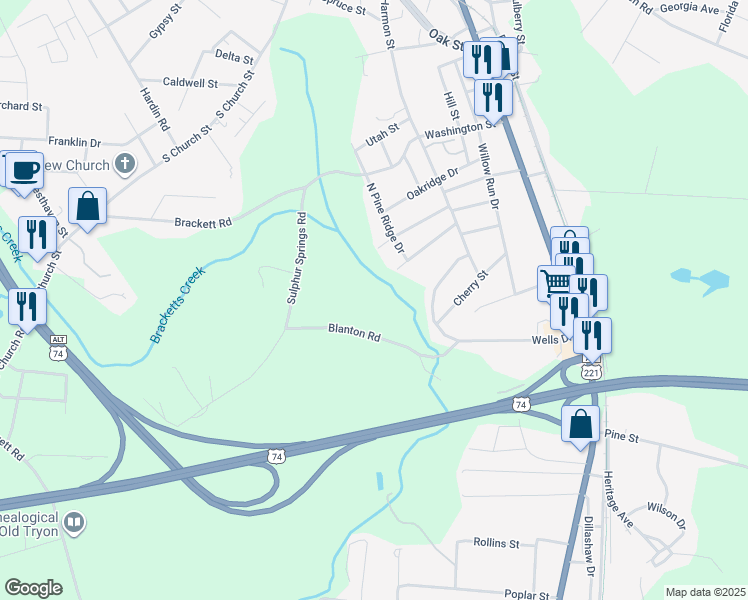map of restaurants, bars, coffee shops, grocery stores, and more near 198 Greenfield Drive in Forest City