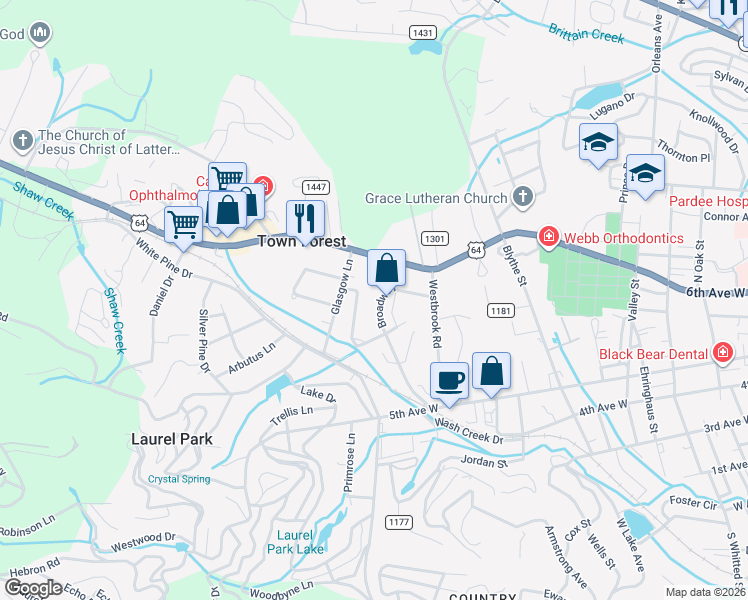 map of restaurants, bars, coffee shops, grocery stores, and more near 532 Glasgow Lane in Hendersonville