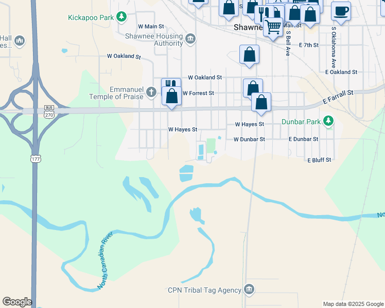 map of restaurants, bars, coffee shops, grocery stores, and more near 800 South Kickapoo Street in Shawnee