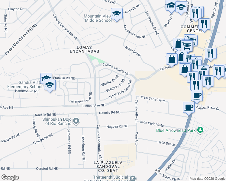 map of restaurants, bars, coffee shops, grocery stores, and more near 7233 Skagway Drive Northeast in Rio Rancho