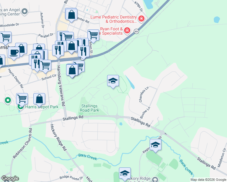 map of restaurants, bars, coffee shops, grocery stores, and more near 3900 Stallings Road in Harrisburg