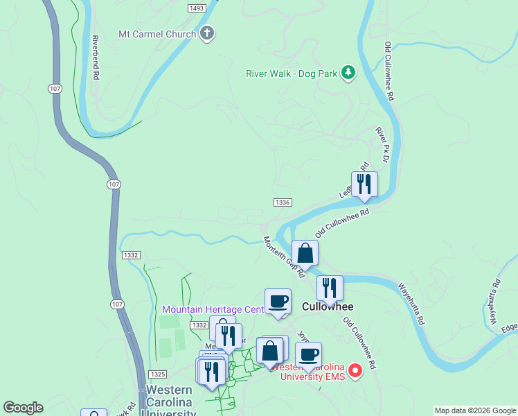 map of restaurants, bars, coffee shops, grocery stores, and more near 66 South Painter Road in Cullowhee