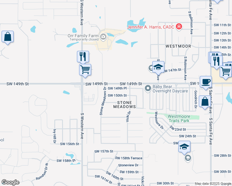 map of restaurants, bars, coffee shops, grocery stores, and more near 704 Southwest 149th Place in Oklahoma City