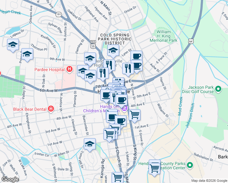 map of restaurants, bars, coffee shops, grocery stores, and more near in Hendersonville