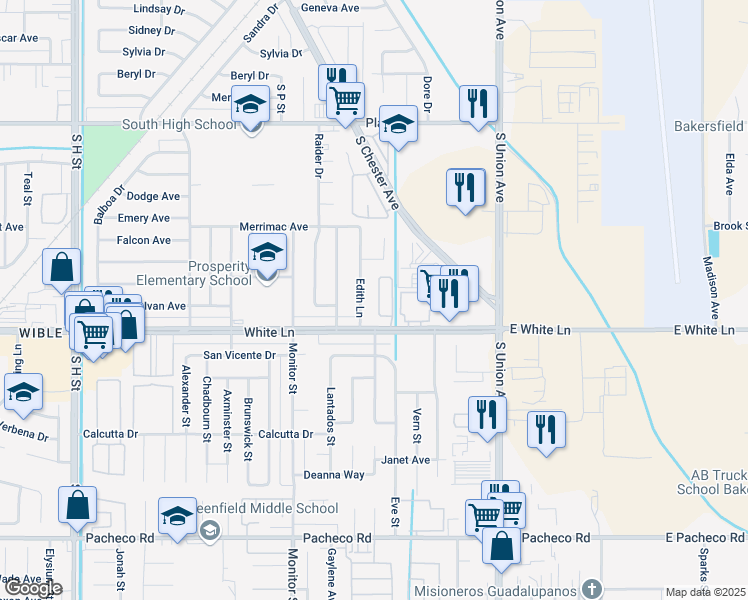map of restaurants, bars, coffee shops, grocery stores, and more near 500 White Lane in Bakersfield