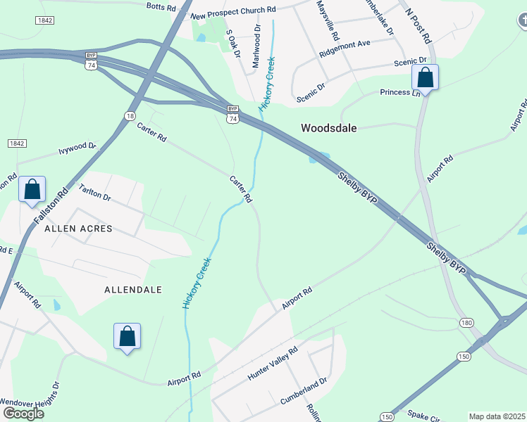 map of restaurants, bars, coffee shops, grocery stores, and more near 1029 Carter Road in Shelby