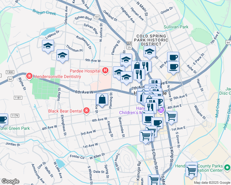 map of restaurants, bars, coffee shops, grocery stores, and more near 420 6th Avenue West in Hendersonville