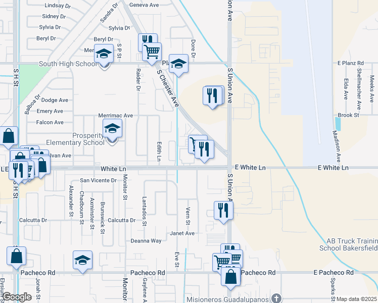 map of restaurants, bars, coffee shops, grocery stores, and more near 400 White Lane in Bakersfield