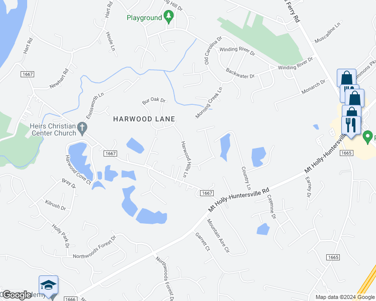 map of restaurants, bars, coffee shops, grocery stores, and more near 2430 Harwood Hills Lane in Charlotte