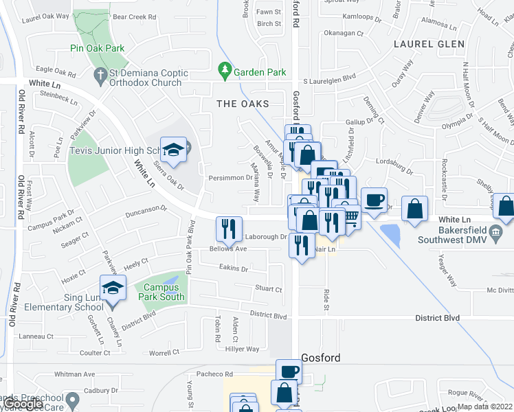 map of restaurants, bars, coffee shops, grocery stores, and more near Crab Apple Ct & Mariana Way in Bakersfield