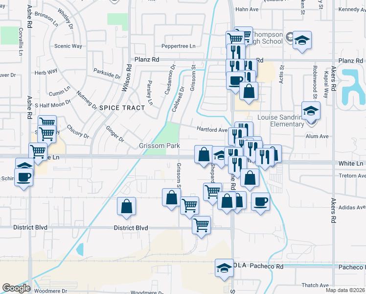 map of restaurants, bars, coffee shops, grocery stores, and more near 5208 Hampton Court in Bakersfield