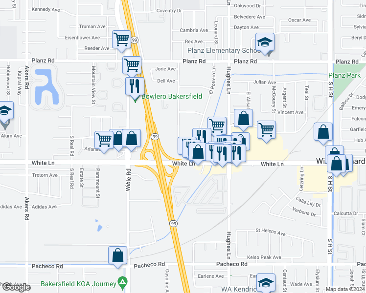 map of restaurants, bars, coffee shops, grocery stores, and more near 2720 Los Carneros Place in Bakersfield