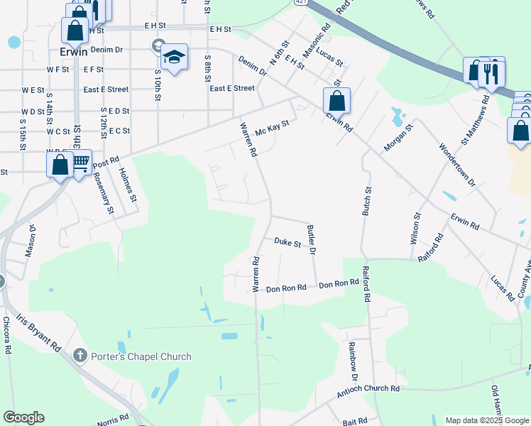 map of restaurants, bars, coffee shops, grocery stores, and more near 803 Warren Road in Erwin