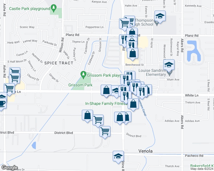 map of restaurants, bars, coffee shops, grocery stores, and more near 5016 Lawrence Court in Bakersfield