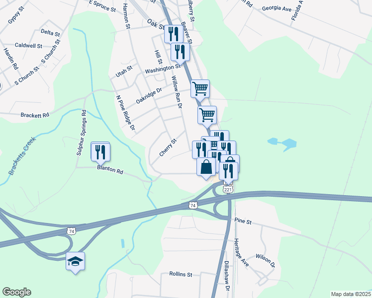 map of restaurants, bars, coffee shops, grocery stores, and more near 404 Willow Run Drive in Forest City