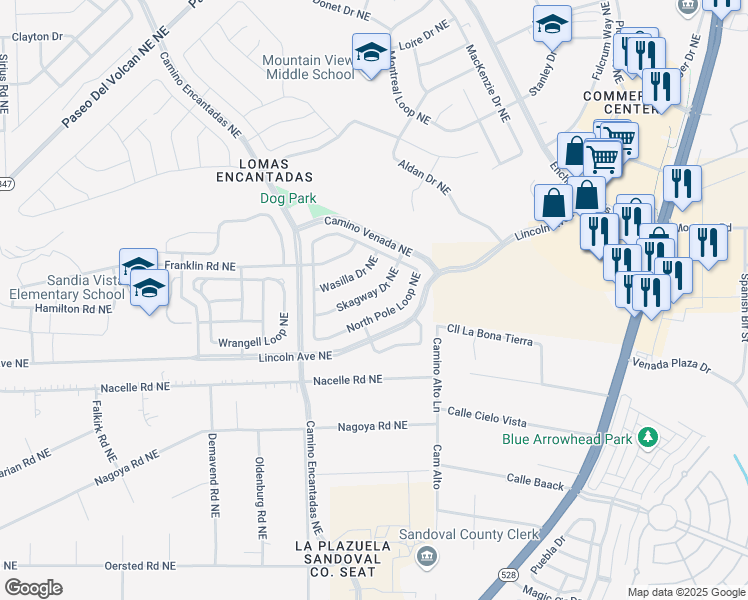 map of restaurants, bars, coffee shops, grocery stores, and more near 7233 Skagway Drive Northeast in Rio Rancho