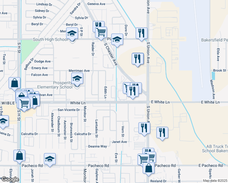 map of restaurants, bars, coffee shops, grocery stores, and more near 500 White Lane in Bakersfield