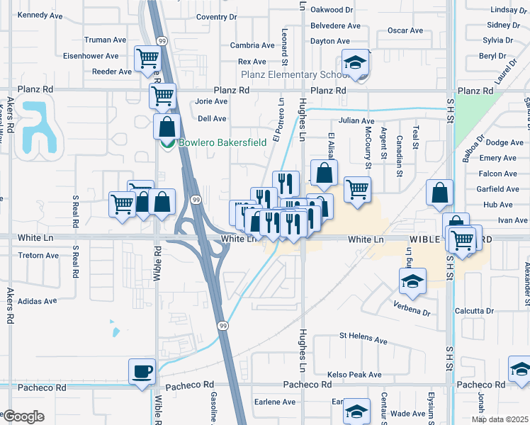 map of restaurants, bars, coffee shops, grocery stores, and more near 3900 El Potrero Lane in Bakersfield