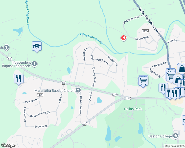 map of restaurants, bars, coffee shops, grocery stores, and more near 629 Summey Farm Drive in Dallas