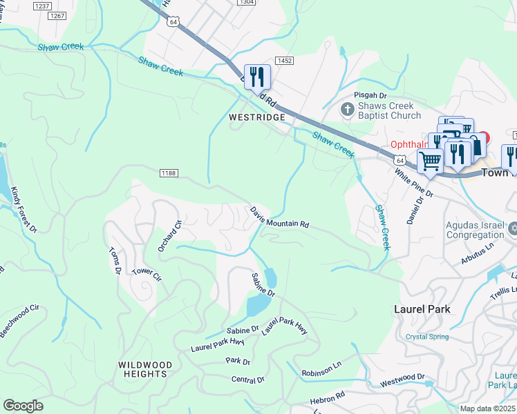 map of restaurants, bars, coffee shops, grocery stores, and more near 500 Davis Mountain Road in Laurel Park