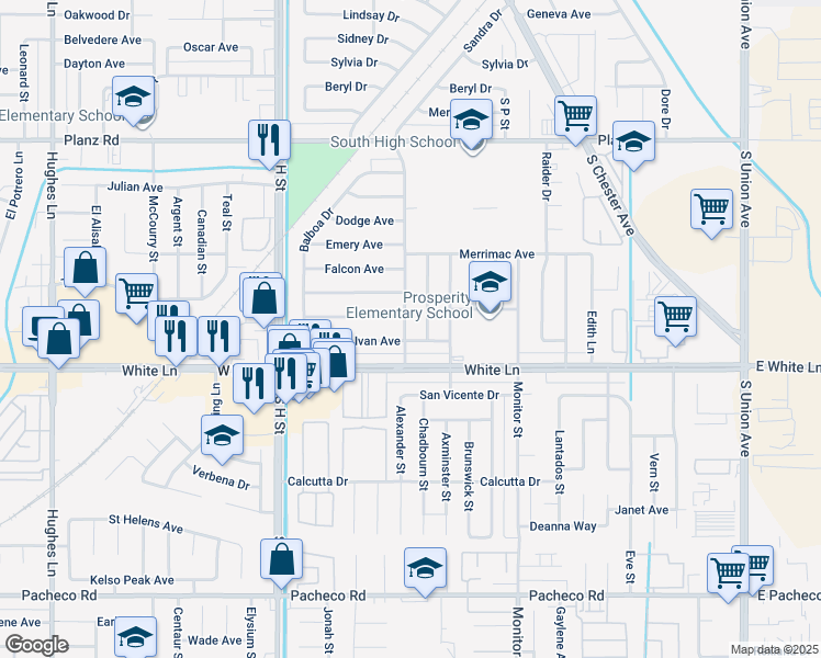 map of restaurants, bars, coffee shops, grocery stores, and more near 3930 Sandra Drive in Bakersfield