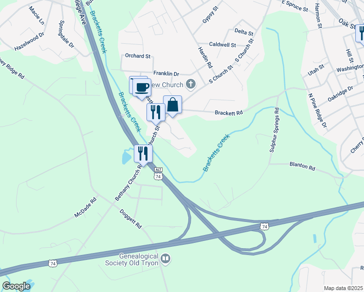 map of restaurants, bars, coffee shops, grocery stores, and more near 735 South Church Street in Forest City