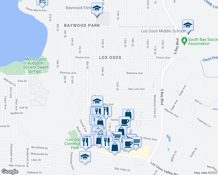map of restaurants, bars, coffee shops, grocery stores, and more near 1799 11th Street in Baywood-Los Osos
