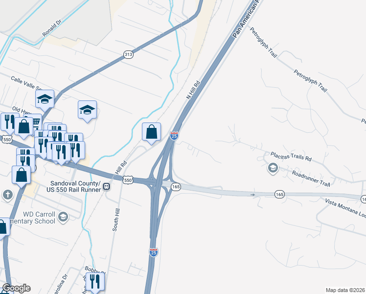 map of restaurants, bars, coffee shops, grocery stores, and more near 30 Frontage Road in Placitas