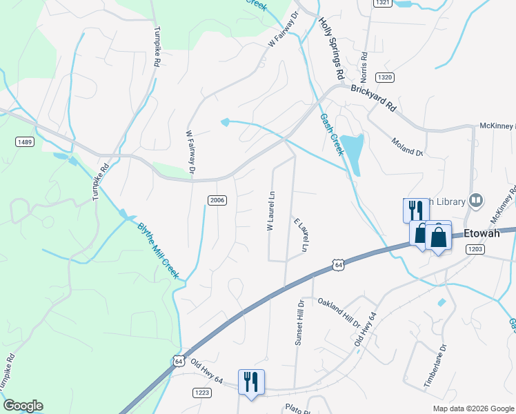 map of restaurants, bars, coffee shops, grocery stores, and more near 8 Wentworth Ct in Etowah