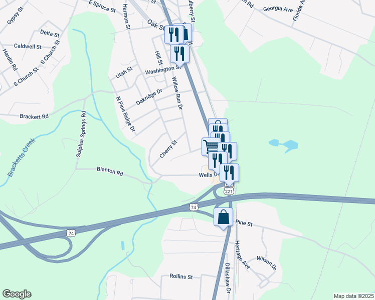 map of restaurants, bars, coffee shops, grocery stores, and more near 404 Willow Run Drive in Forest City