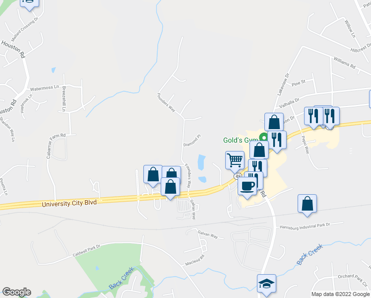 map of restaurants, bars, coffee shops, grocery stores, and more near 6075 Diamond Place in Harrisburg