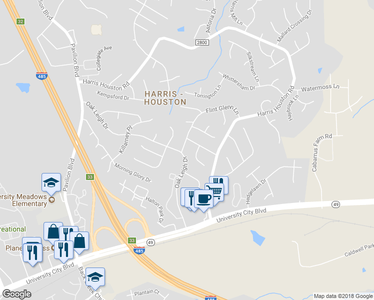 map of restaurants, bars, coffee shops, grocery stores, and more near 1914 Flint Glenn Lane in Charlotte