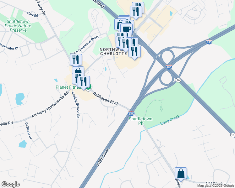 map of restaurants, bars, coffee shops, grocery stores, and more near 10017 Season Grove Lane in Charlotte