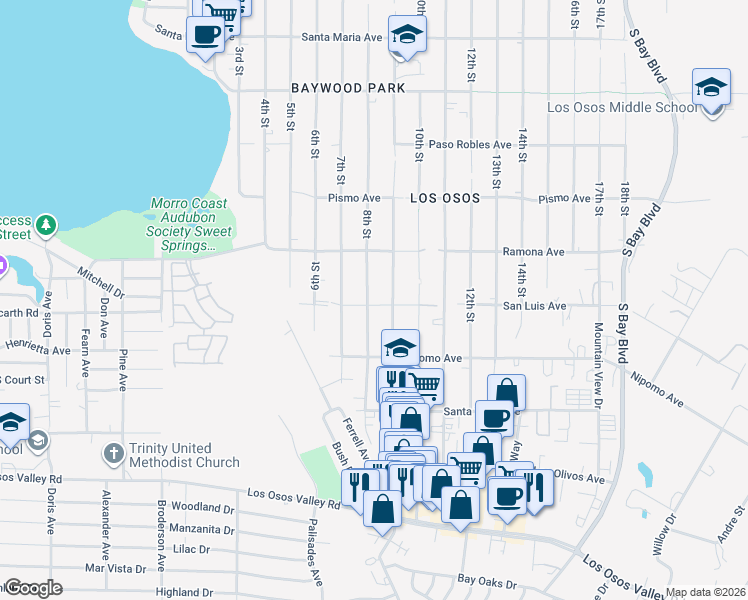 map of restaurants, bars, coffee shops, grocery stores, and more near 1798 8th Street in Baywood-Los Osos