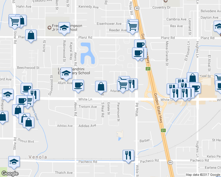 map of restaurants, bars, coffee shops, grocery stores, and more near 3530 Adanac Court in Bakersfield