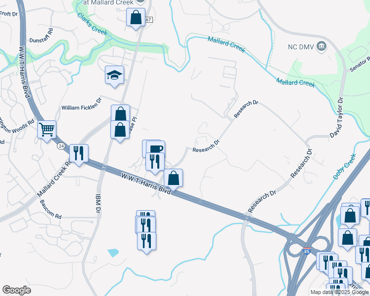 map of restaurants, bars, coffee shops, grocery stores, and more near 9821 Research Drive in Charlotte